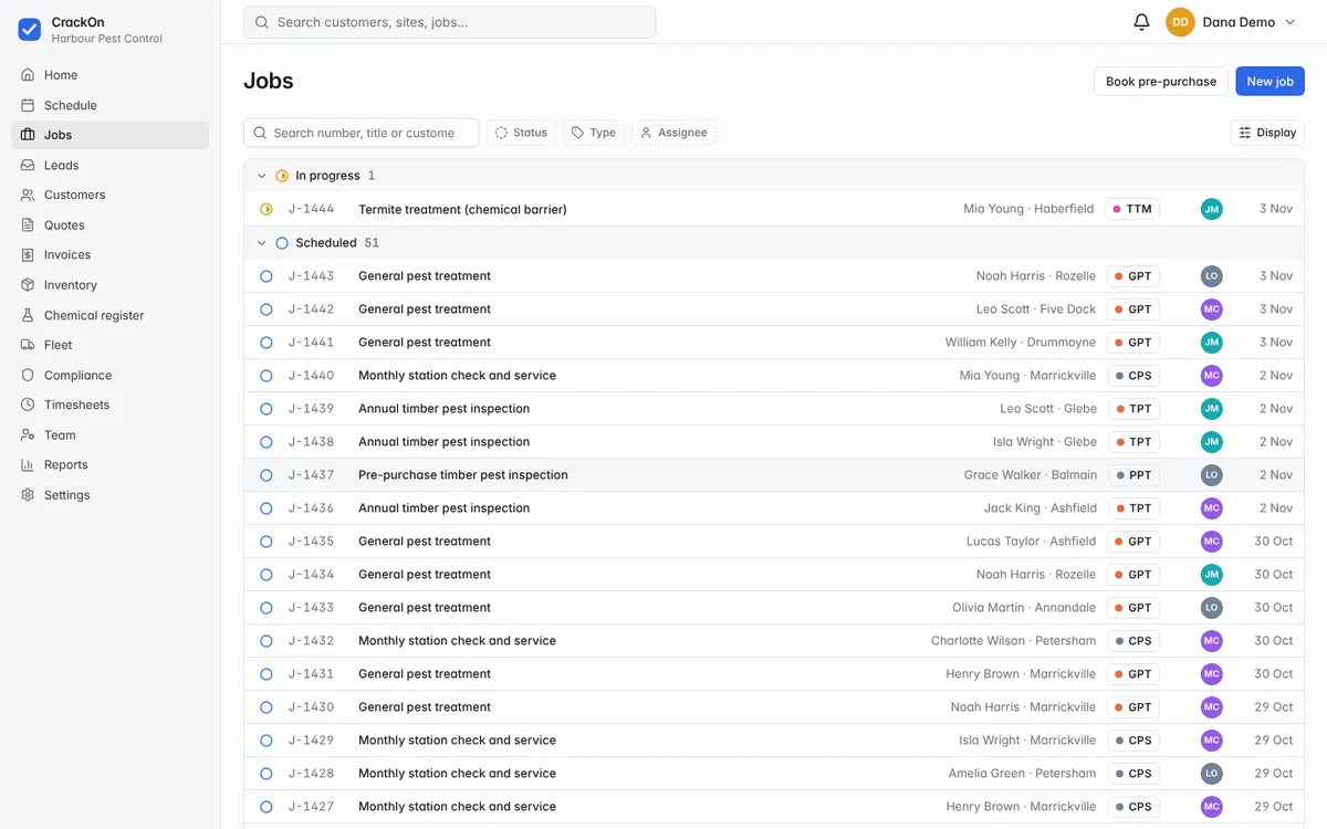 The CrackOn jobs list, grouped by status, with job types and assigned technicians
